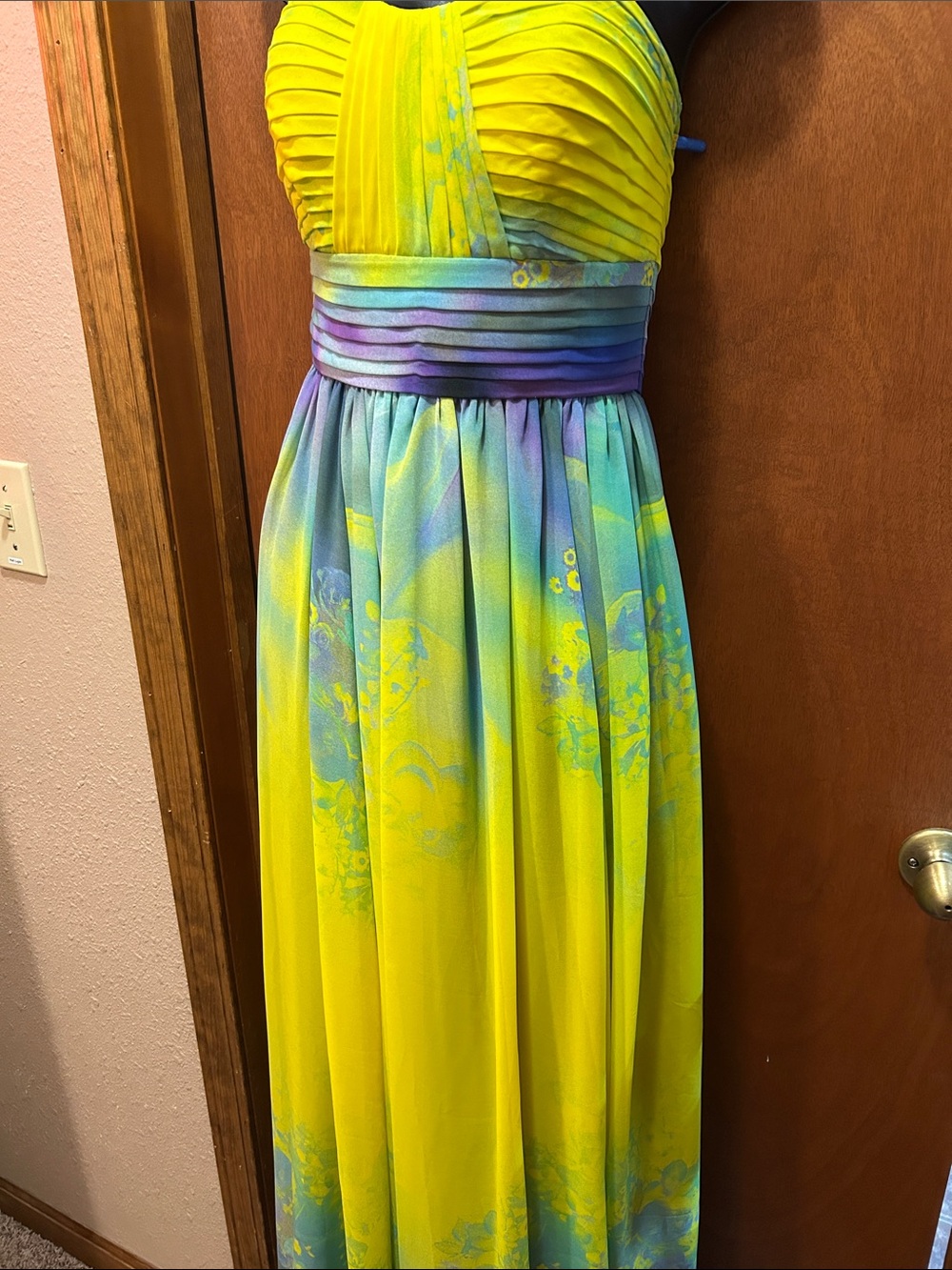Yellow and Aqua Gradient Pleated Special Occasion Dress